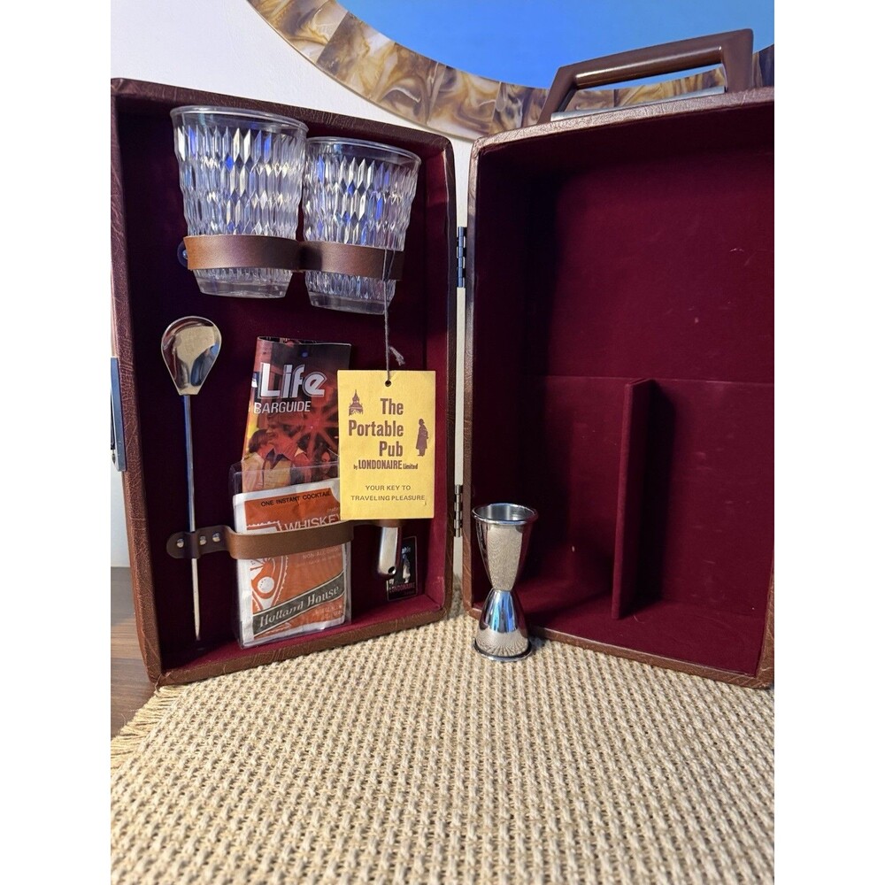 VINTAGE NOS “The Portable Pub” by Londonaire Brown Leather-Look Case Velvet